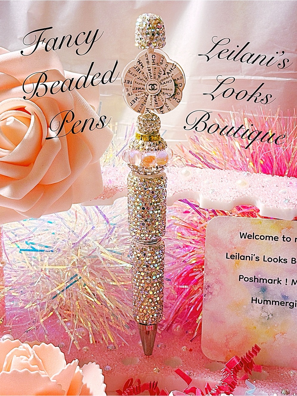 Fancy beaded Pen/gifts/white flower/girly/white beads